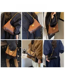 Multiple views of a quilted suede hobo bag with chain strap shown on a model