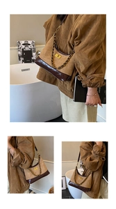 Detail view of khaki suede and brown quilted leather shoulder bag with gold chain strap