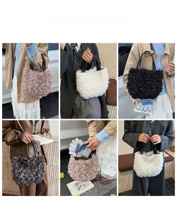 Detail view of plush lamb wool bucket bags in various colors with leather handles