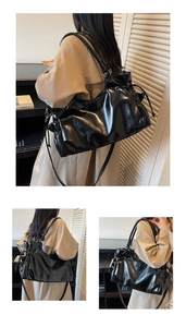 Detail view of black gloss PU leather shoulder bag with side drawstring pleated texture