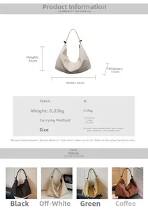 Detailed size chart and multi-color options for the large canvas shoulder dumpling bag