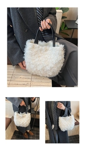 Detailed close-up of white plush lamb hair tote bag with premium black leather handles