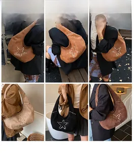Lifestyle shots of vintage hobo shoulder bag with star rivets in four colors