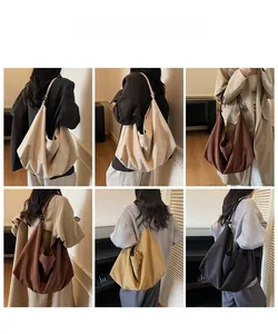 Detail shots of large canvas shoulder bags in beige, brown, yellow, and black colors