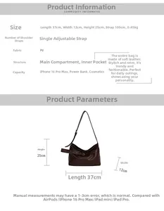 Detailed size specifications for large brown PU leather tote bag with dimensions diagram