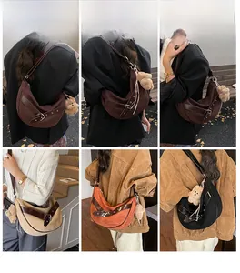 Detail shots of minimalist half-moon crossbody bags in four colors with bear charm