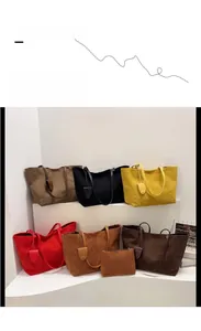 Set of large capacity suede tote bags in six colors with slim straps and chic charms
