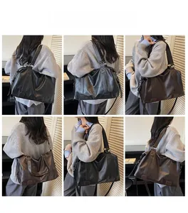 Detailed views of vintage large capacity pillow bags in black and dark brown leather