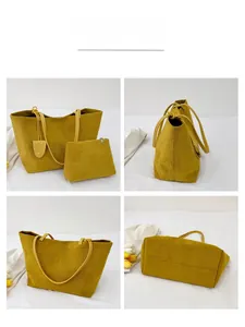 Detail view of mustard yellow frosted leather tote bag set from four different angles