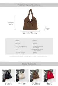 Detailed dimensions of knitted tote bag with bow accent showing height and width