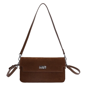 Retro dark brown suede messenger bag with rectangular silver twist-lock and adjustable strap