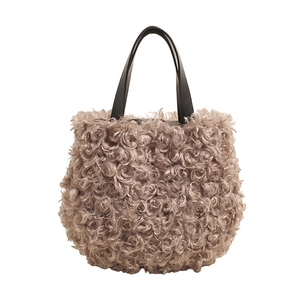 Morandi mauve faux shearling tote bag with contrasting black leather handles for women