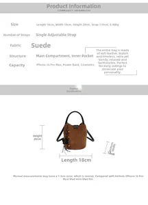 Size chart for suede bucket bag showing 18x18x20cm dimensions and storage capacity