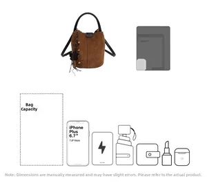 Detail view of brown suede bucket bag showing large capacity for phone and essentials