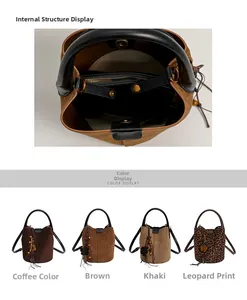 Detail of bucket bag interior with magnetic closure and 4 color variants including leopard
