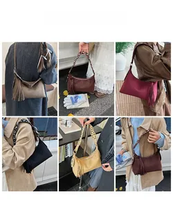 Collage of chic tassel shoulder bags in multiple colors shown on models in city scenes