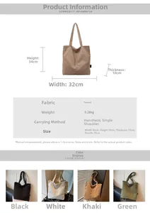 Detailed view of large corduroy tote bag showing dimensions and various color options