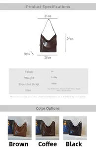 Detailed size chart and color options for the large PU leather bucket bag with chain strap