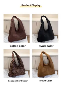 Detail view of four large tote bags in coffee, black, leopard print and brown faux suede