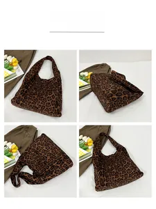 Four-angle view of leopard print tote bag showing spacious design and soft fabric texture