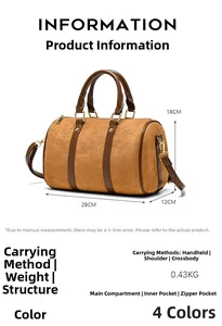 Brown frosted retro boston bag details with size 28x12x18cm and internal pocket structure