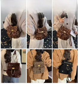 Detail view of quilted chain backpacks in various colors worn by a model in autumn settings
