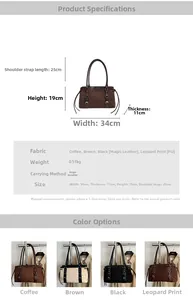Detailed size chart and multi-color specifications for the leopard baguette bag