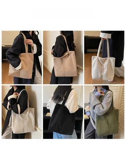 Collage of chic corduroy tote bags in multiple colors shown on a model for daily styling