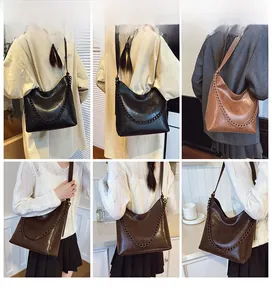 Three colors of high-capacity leather bucket bags shown in detailed model carrying shots