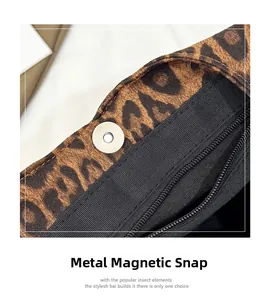 Detailed close-up of leopard print tote bag interior with magnetic snap and zipper pocket