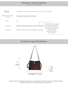 Detailed size chart for retro PU tote bag with dimensions 31x12x23cm and layout features