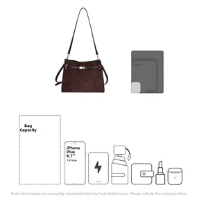 Dark coffee suede shoulder bag detail showing interior capacity for phone and essentials