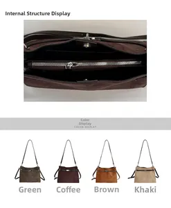 Detailed interior zipper compartment and four-color suede leather shoulder bag display