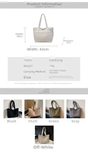 Guide des tailles pour grand sac cabas en velours côtelé avec dimensions 29x42x9 cm