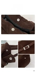 Detalle de hebillas plateadas y cremalleras en el bolso tote de gamuza color marrón