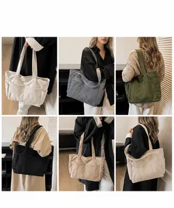 Collage of corduroy tote bags in four colors showing the casual style and large capacity
