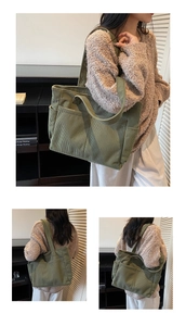 Détail du sac cabas en velours côtelé vert armée avec plusieurs poches extérieures