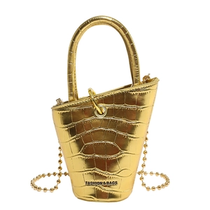 Mini golden crocodile embossed handbag with bead chain strap and zipper closure