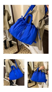 Quilted blue puff tote bag shown in multiple carrying ways on a model in various angles