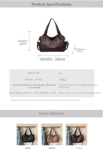 Detailed size chart and multi-color display of large PU leather tote bag with dimensions