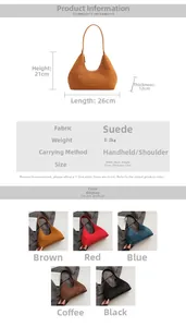 Size chart showing large suede shoulder bag dimensions with color options and weight