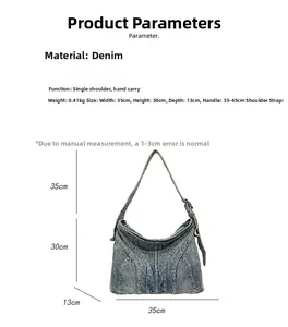 Detail van vintage denim tas met Y-vormige stiksels en verstelbare schouderriem