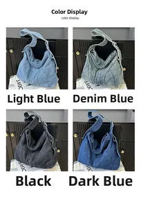 Detail van de vintage gewassen denim draagtassen in lichtblauw, donkerblauw en zwart