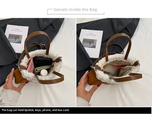 Macro shot of faux shearling bag interior showing space for phone and makeup