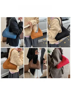 Collage of model wearing retro half-moon shoulder bags in multiple matte leather colors