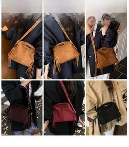 Verschiedene Farben der Vintage-Fransentaschen in einer Collage von Lifestyle-Aufnahmen