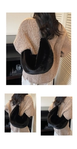 Détail du sac hobo en fausse fourrure noire montrant la texture douce et la bandoulière