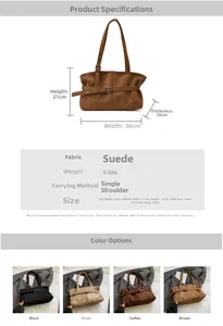 Detailed size chart for vintage suede tote bag with dimensions and technical specifications