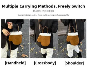 Three-way carry style for brown faux suede glove bag with plush white lamb wool trim