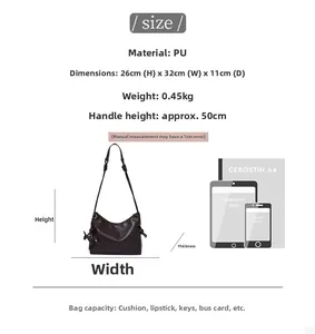 Size chart showing large PU leather bucket bag dimensions with capacity for A4 and iPad